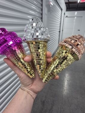 Mirrored Disco Ice Cream Cone Party Decor - Gold, Silver, Pink